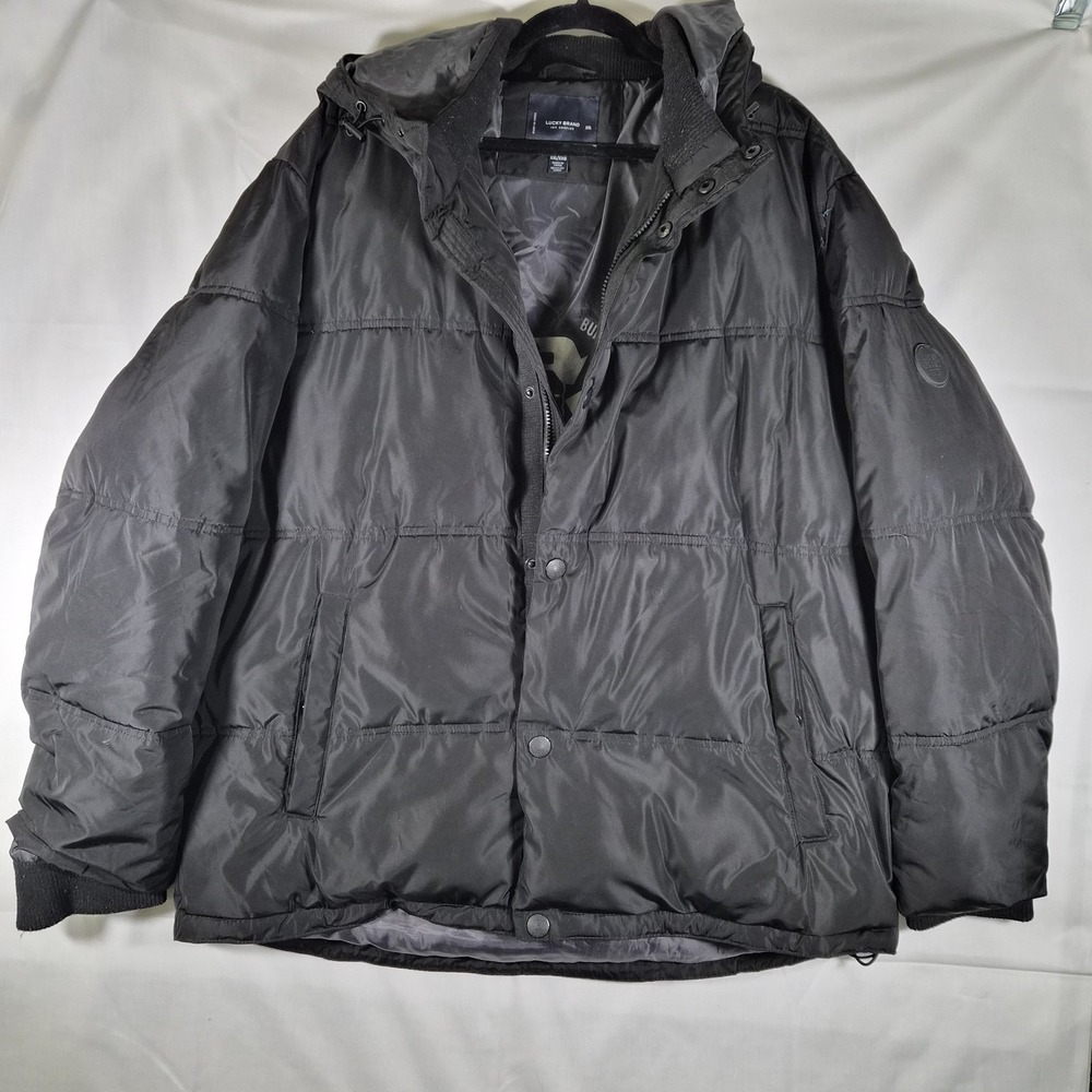 Lucky Brand Puffer Jacket Mens‎ XXL Black Hooded Winter Coat Full Zip
